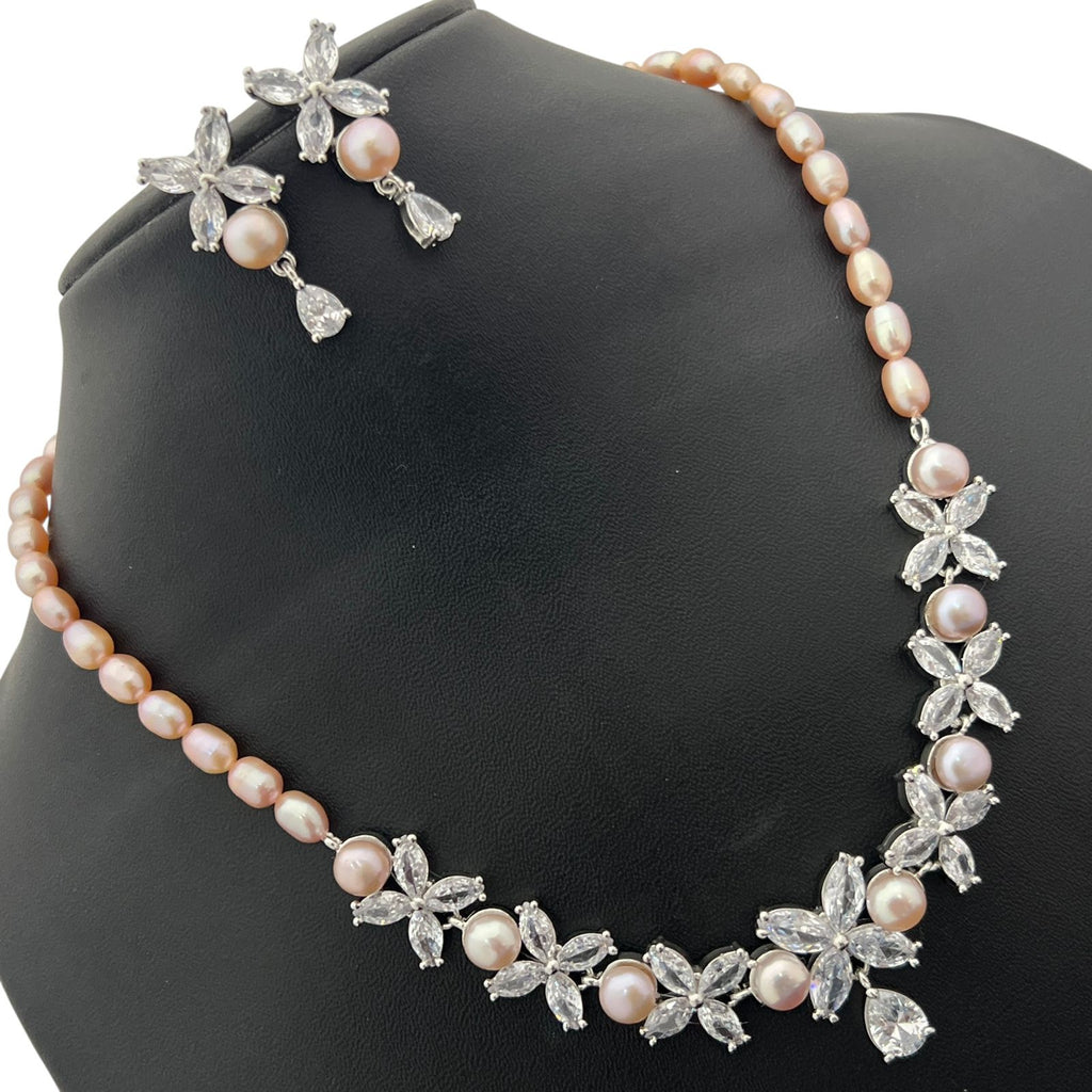Elegant Pearl & Floral CZ Necklace Set with Matching Earrings