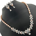 Elegant Pearl & Floral CZ Necklace Set with Matching Earrings