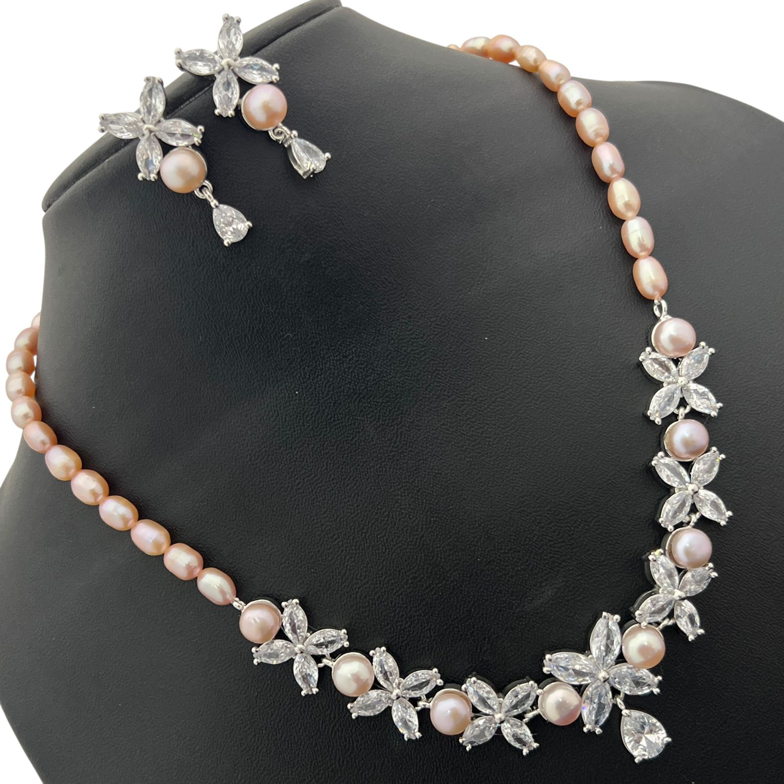 Elegant Pearl & Floral CZ Necklace Set with Matching Earrings