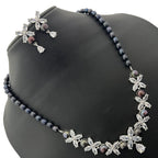 Luxury Black Pearl & Floral CZ Necklace Set with Matching Earrings