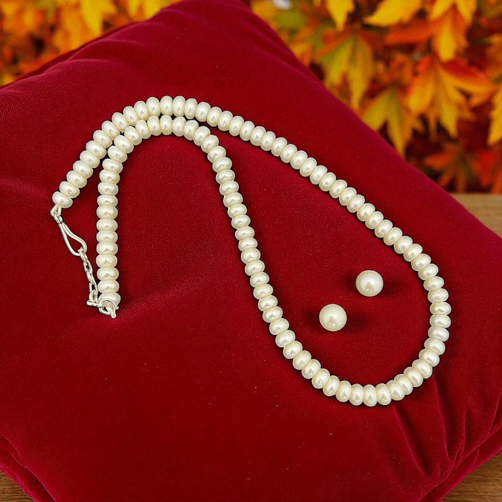 Classic White Pearl Necklace Set with Crystal Spacers & Stud Earrings