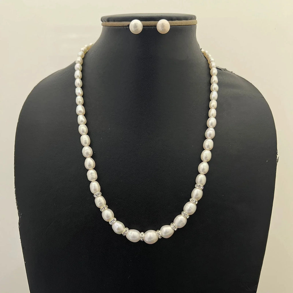 Classic White Pearl Necklace Set with Crystal Spacers & Stud Earrings