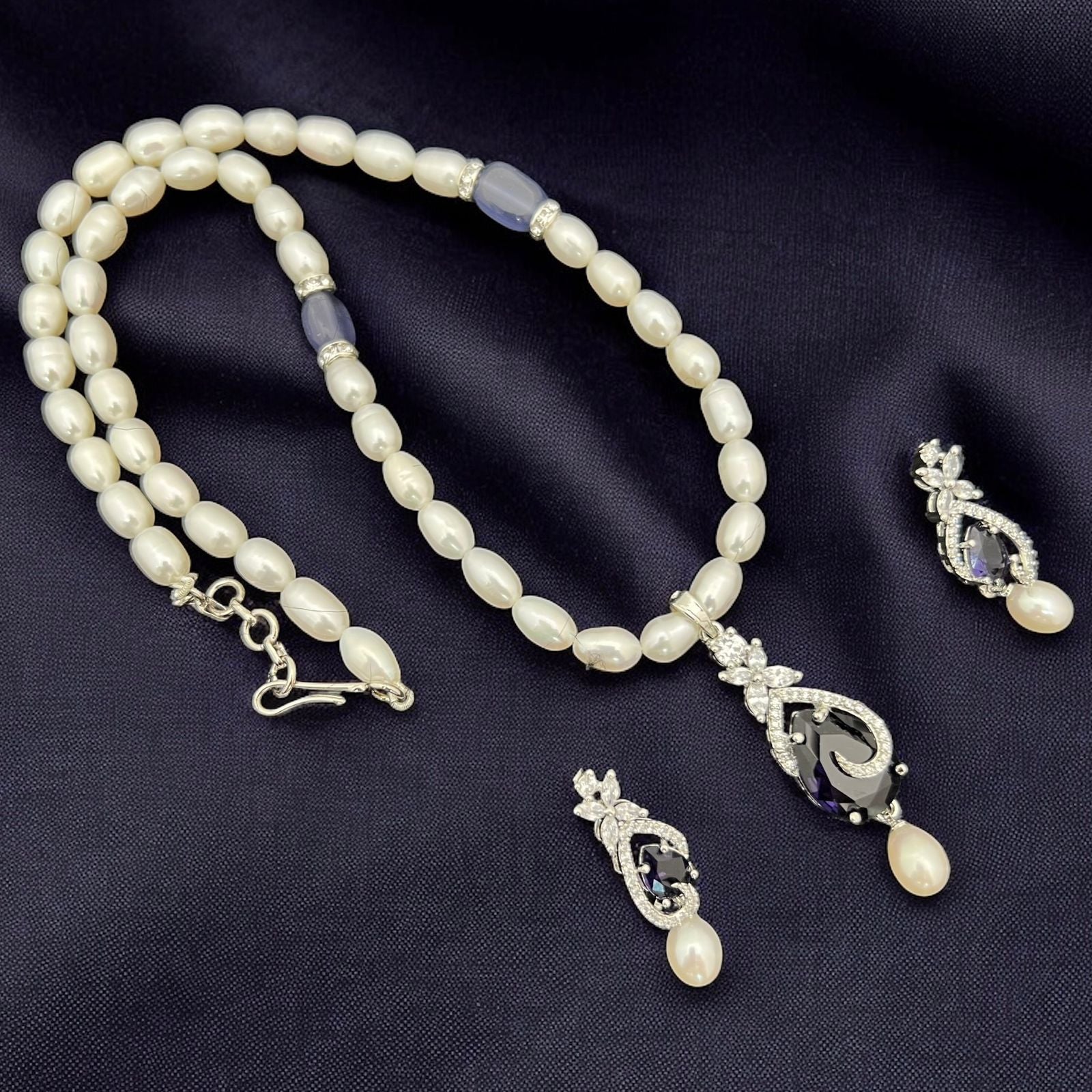 Elegant Pearl Necklace Set with Crystal-Accented Pendant & Matching Earrings