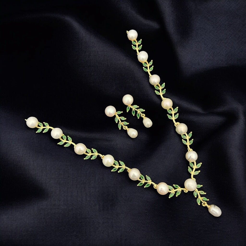 Elegant Pearl & Green Leaf Jewelry Set – Necklace and Earrings