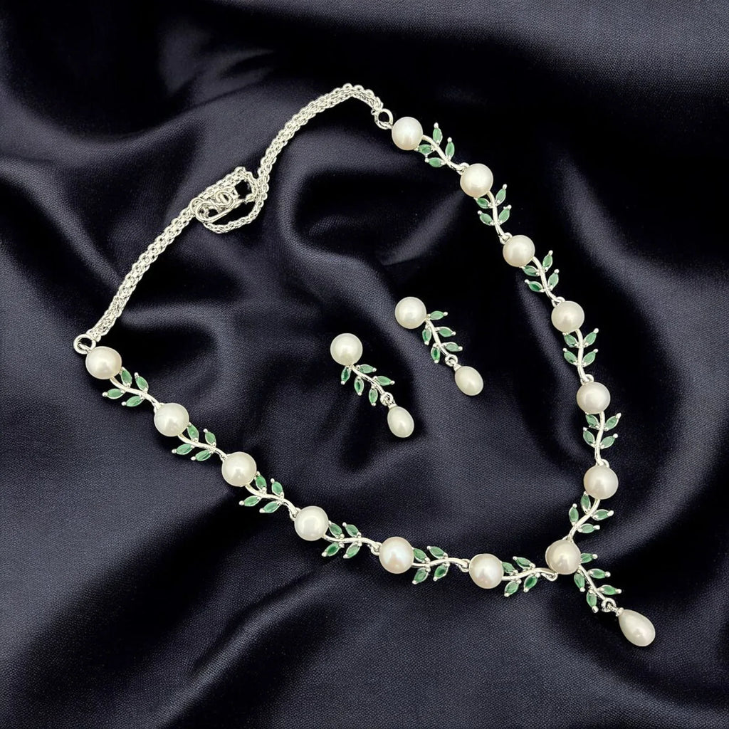 Delicate Leaf Motif Pearl Necklace Set in Silver Tone