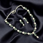 Delicate Leaf Motif Pearl Necklace Set in Silver Tone