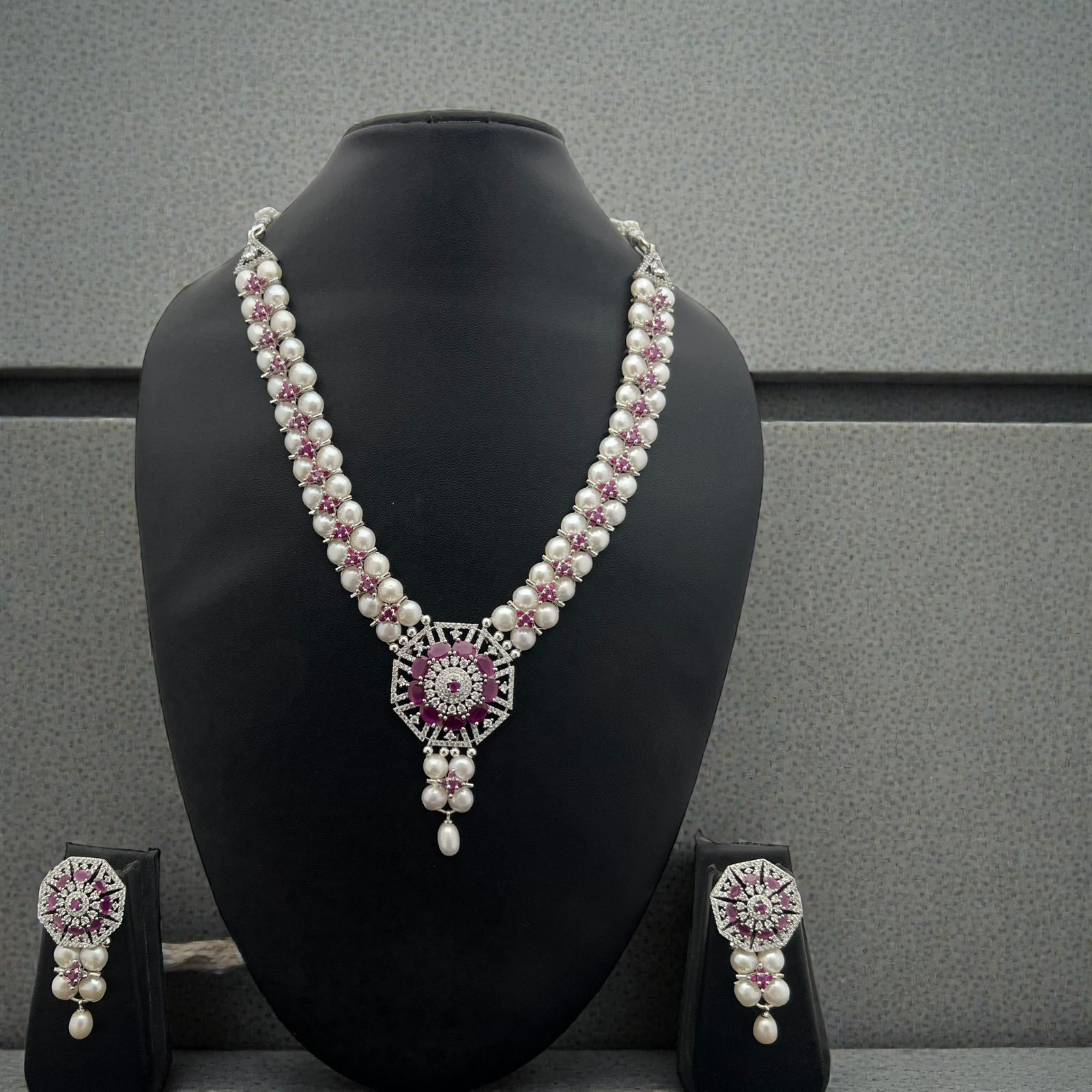 Elegant Pearl & Ruby-Inspired Necklace Set