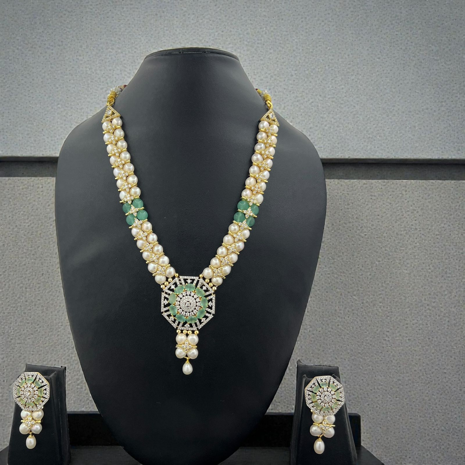 Classic Pearl & Green Stone Necklace Set with Diamond-Finish Pendant