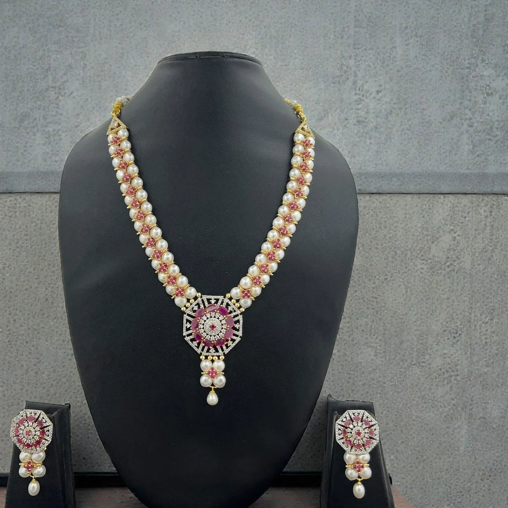 Royal Pearl & Ruby-Inspired Necklace Set with Matching Earrings