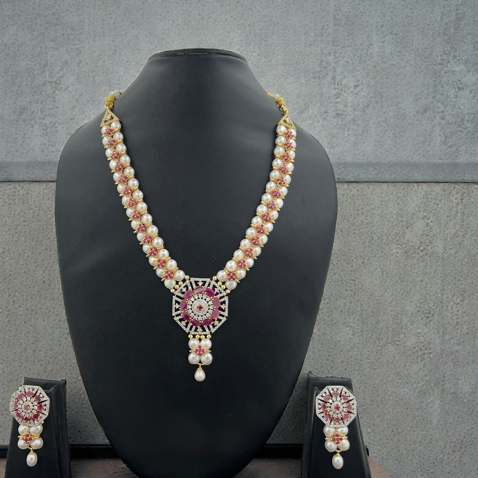 Royal Pearl & Ruby-Inspired Necklace Set with Matching Earrings