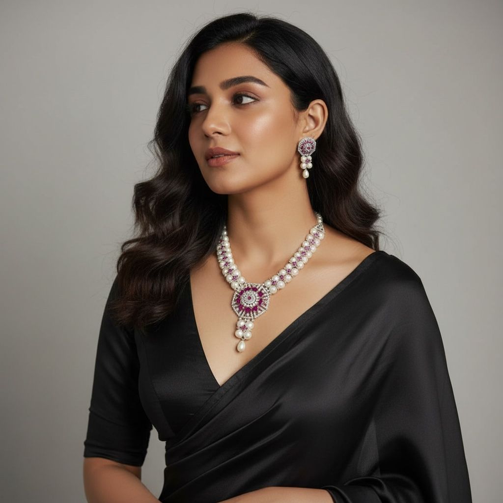 Royal Pearl & Ruby-Inspired Necklace Set with Matching Earrings