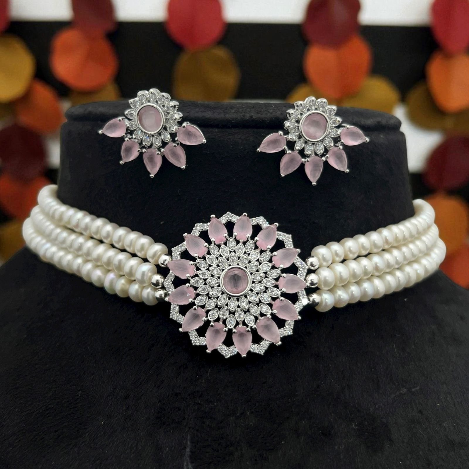 Blush Pink Floral Pearl Choker Set with Matching Earrings