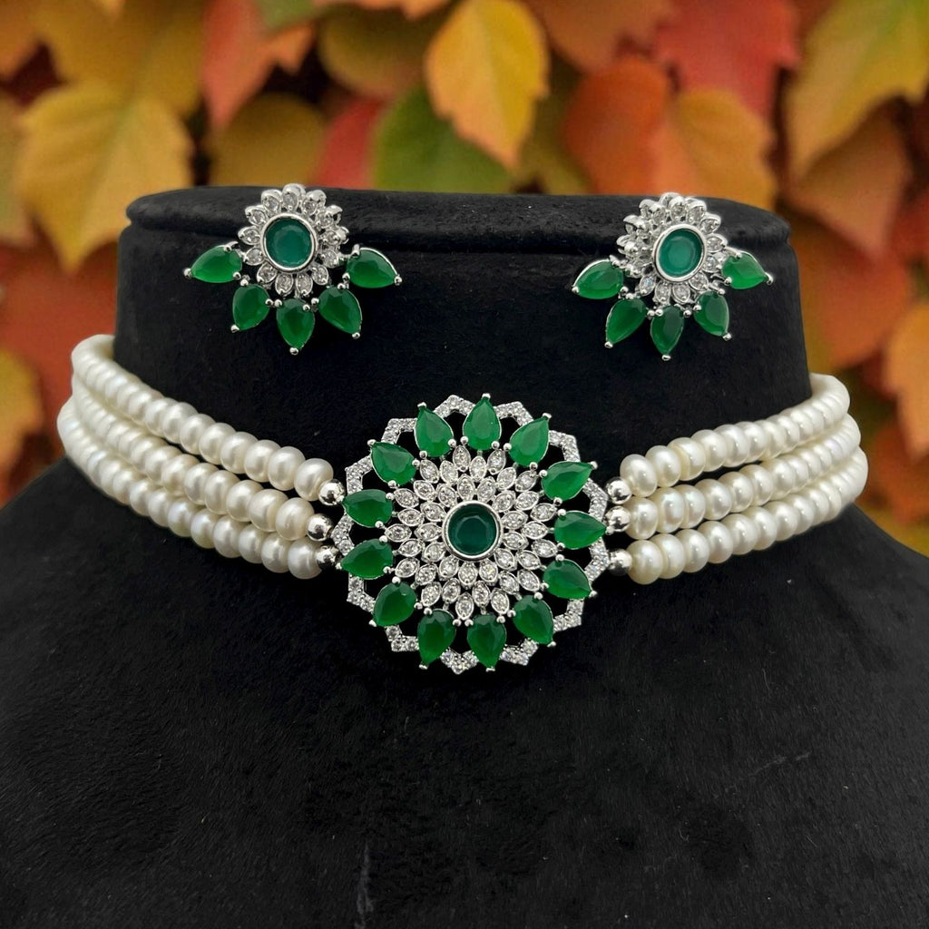 Royal Pearl Choker Set with Ruby Centerpiece & Matching Earrings