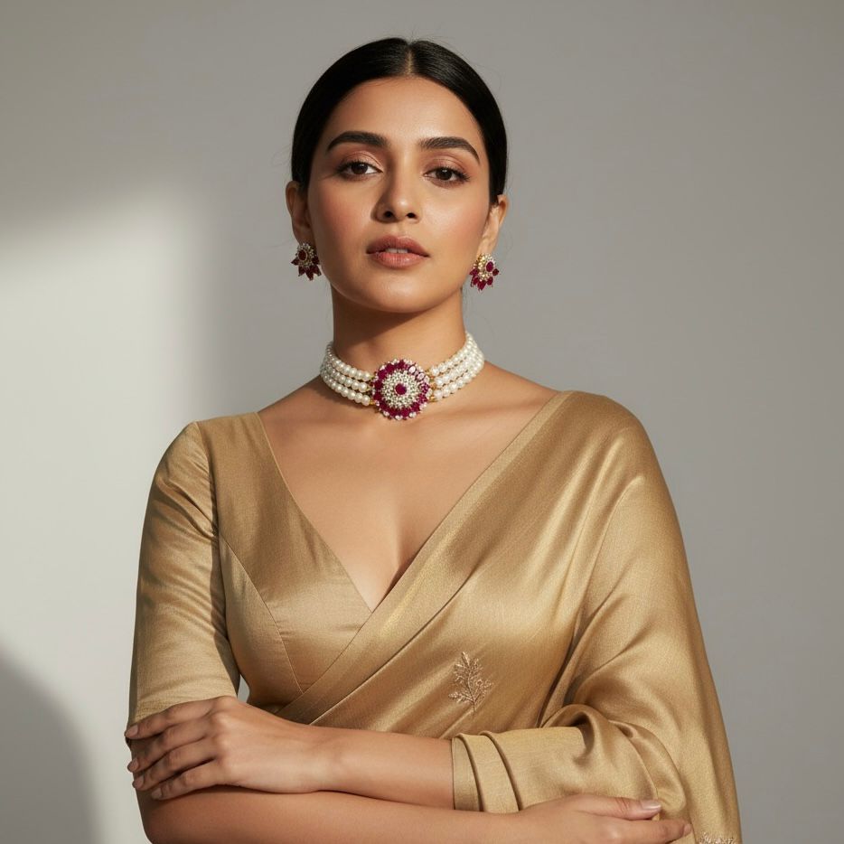 Royal Pearl Choker Set with Ruby Centerpiece & Matching Earrings