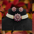 Elegant Ruby Floral Pearl Choker Set with Matching Earrings