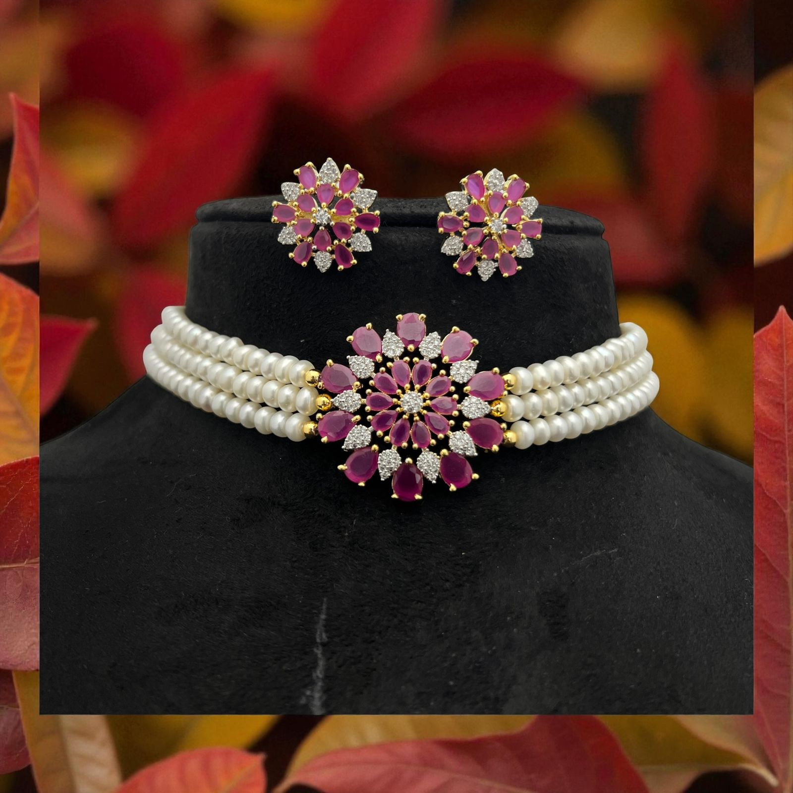 Elegant Ruby Floral Pearl Choker Set with Matching Earrings