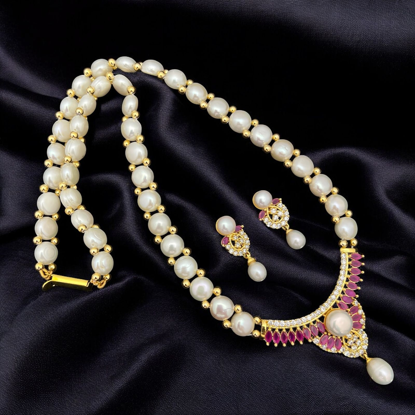 Pearl and Crystal Crescent Pendant Jewelry Set