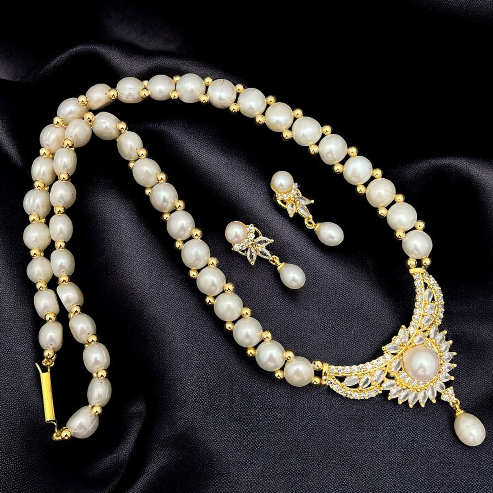 Pearl and Crystal Crescent Pendant Jewelry Set