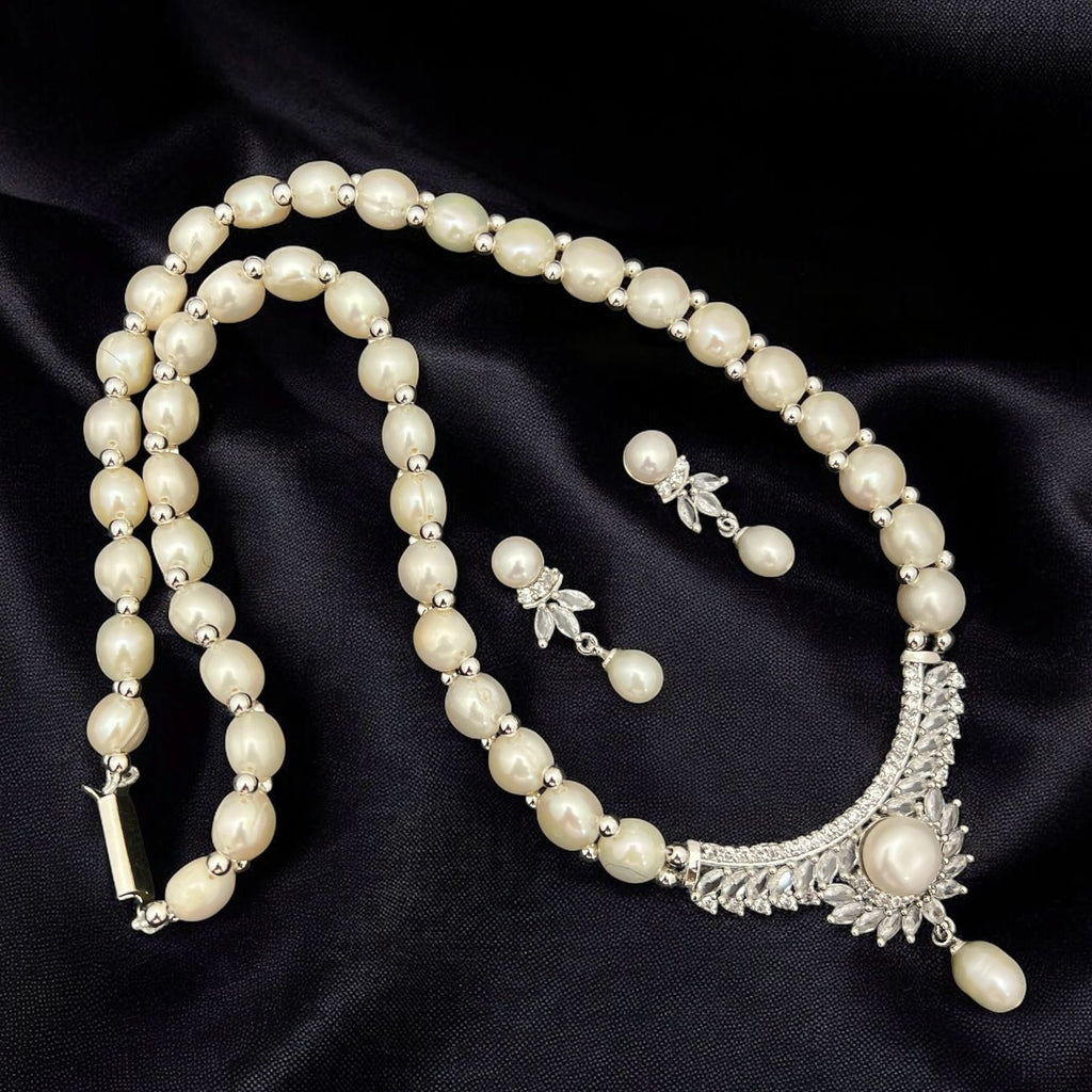 Pearl and Crystal Crescent Pendant Jewelry Set
