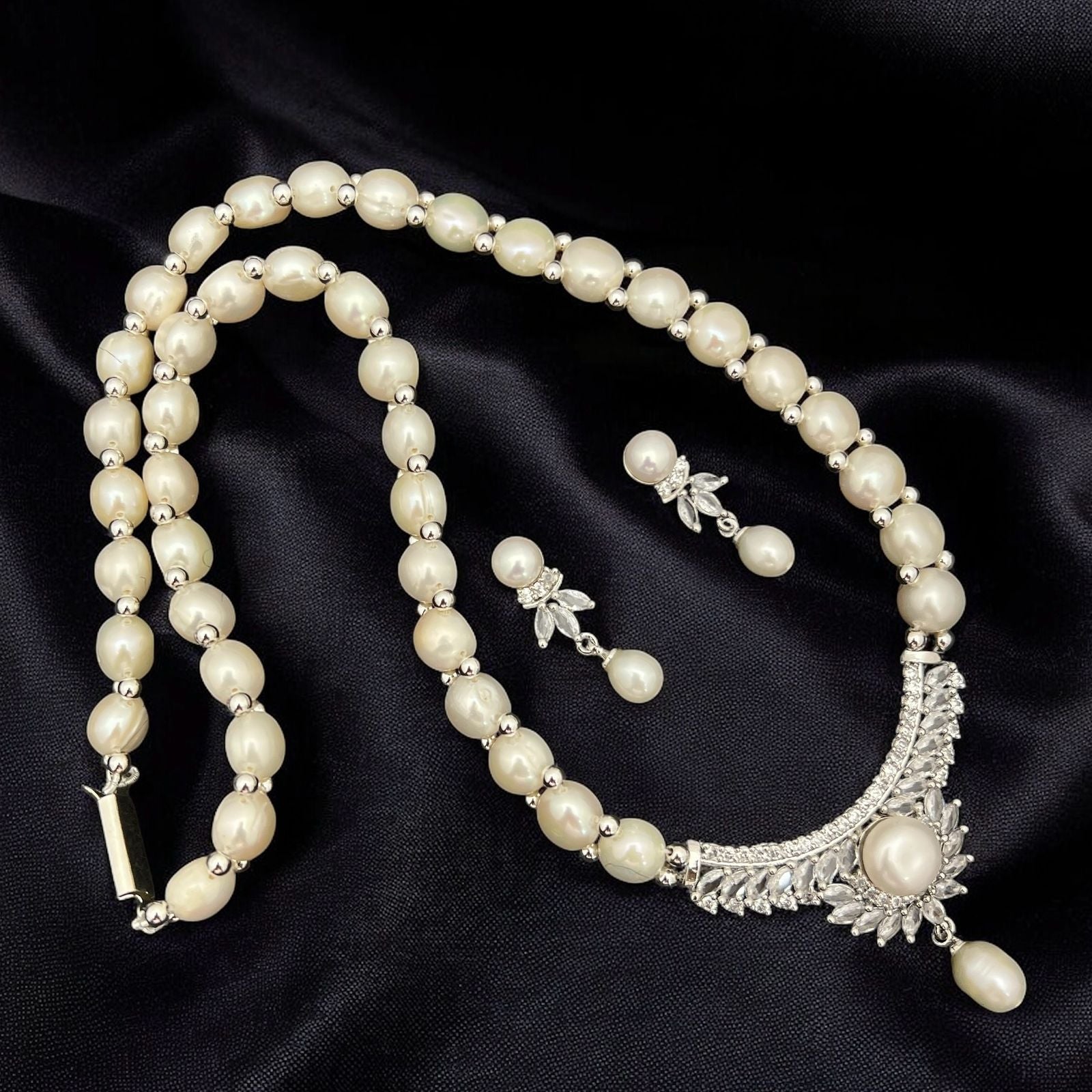 Pearl and Crystal Crescent Pendant Jewelry Set