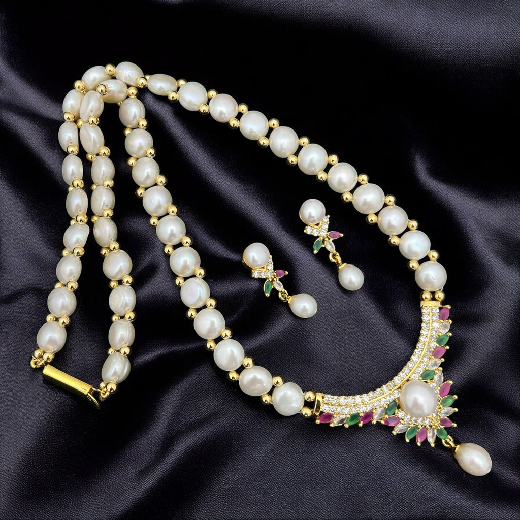 Pearl and Crystal Crescent Pendant Jewelry Set