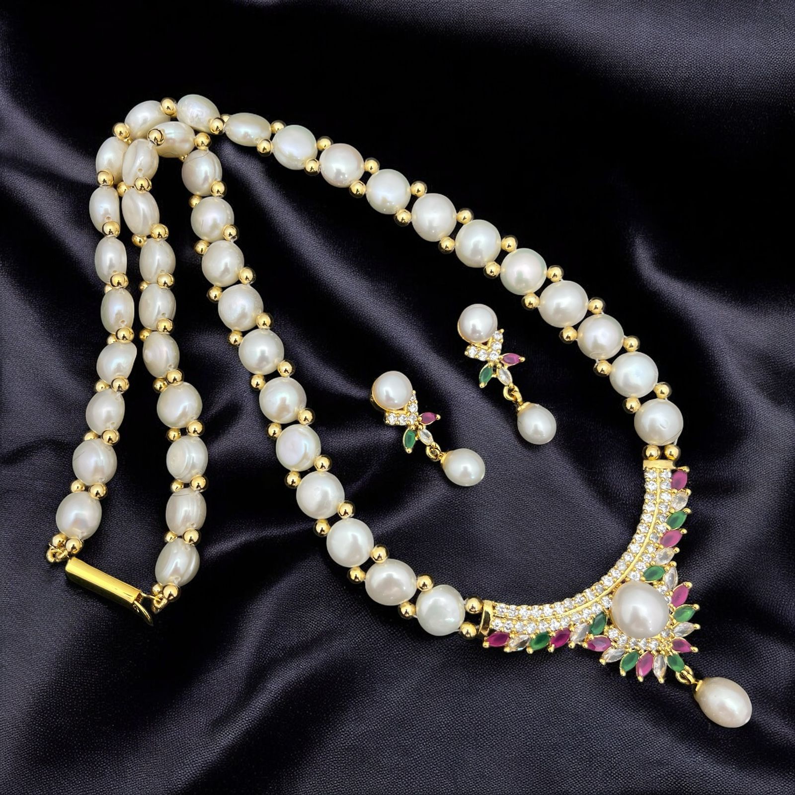 Pearl and Crystal Crescent Pendant Jewelry Set