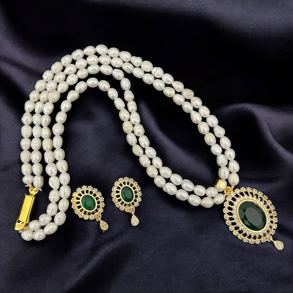 Pearl and Gemstone Crystal Halo Pendant Jewelry Set