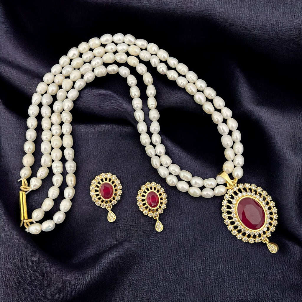 Pearl and Gemstone Crystal Halo Pendant Jewelry Set