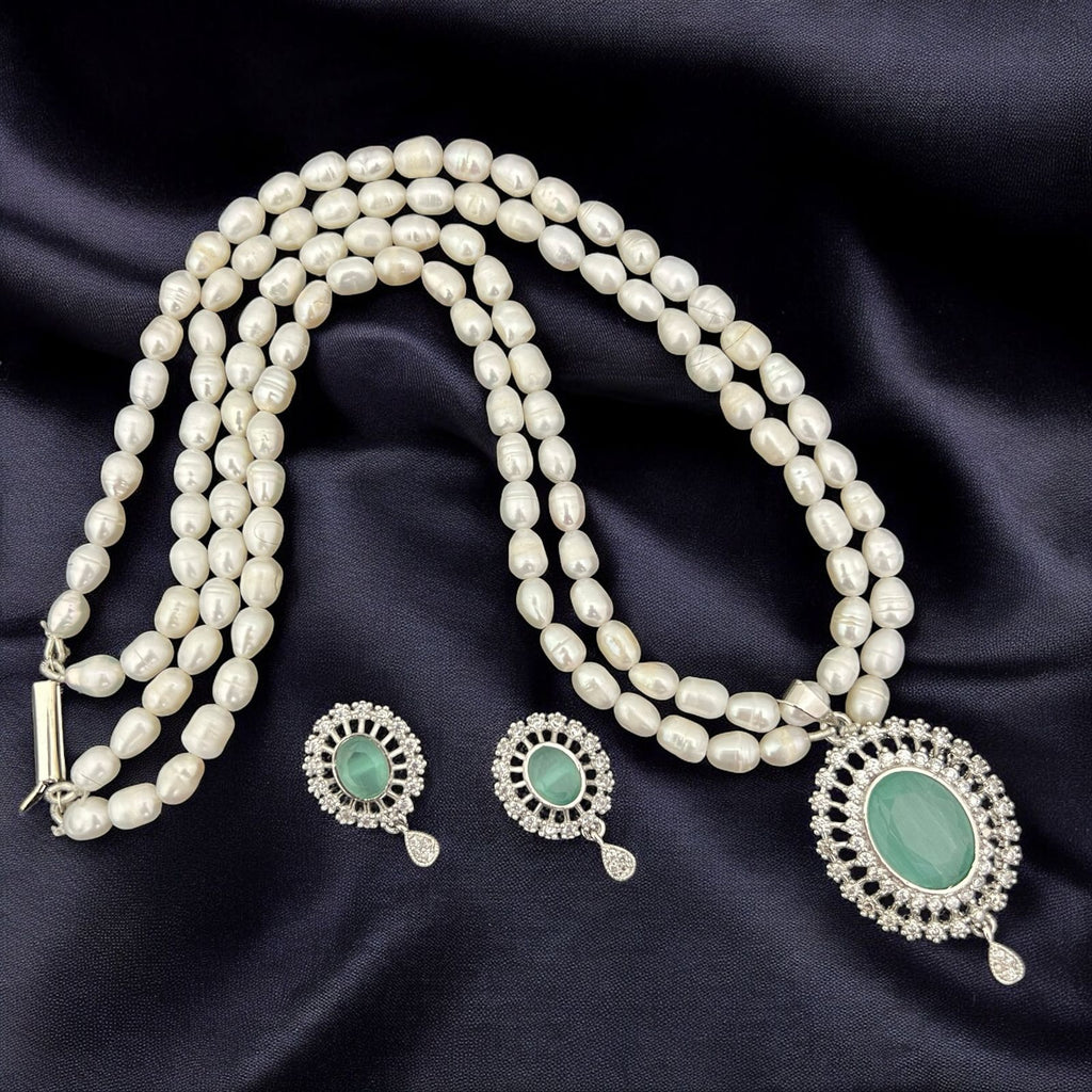 Pearl and Gemstone Crystal Halo Pendant Jewelry Set