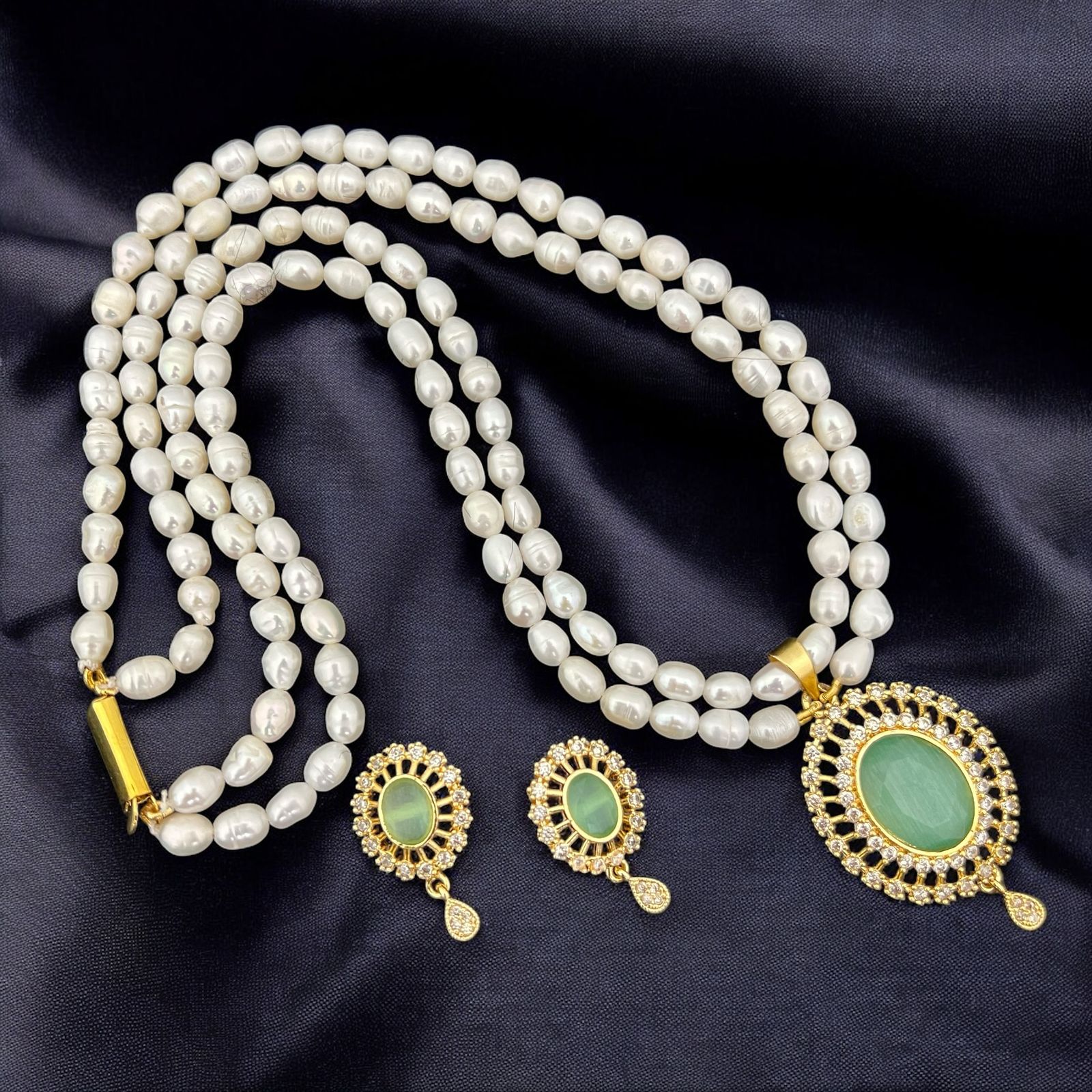 Pearl and Gemstone Crystal Halo Pendant Jewelry Set