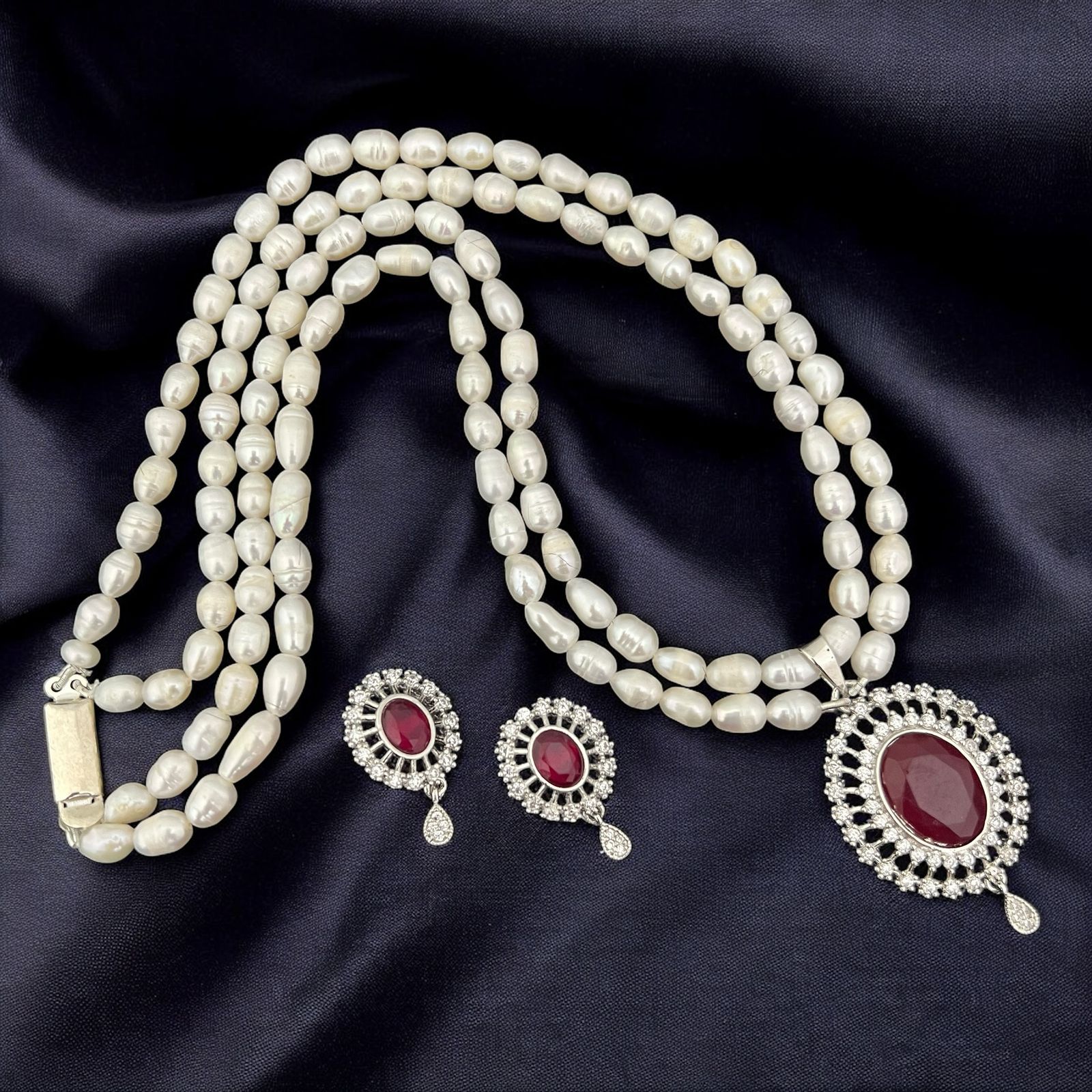 Pearl and Gemstone Crystal Halo Pendant Jewelry Set