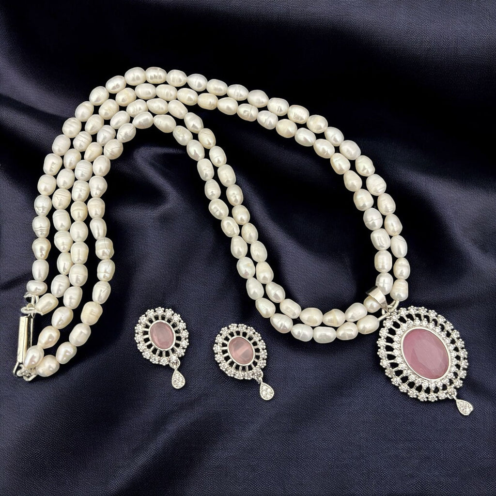 Pearl and Gemstone Crystal Halo Pendant Jewelry Set