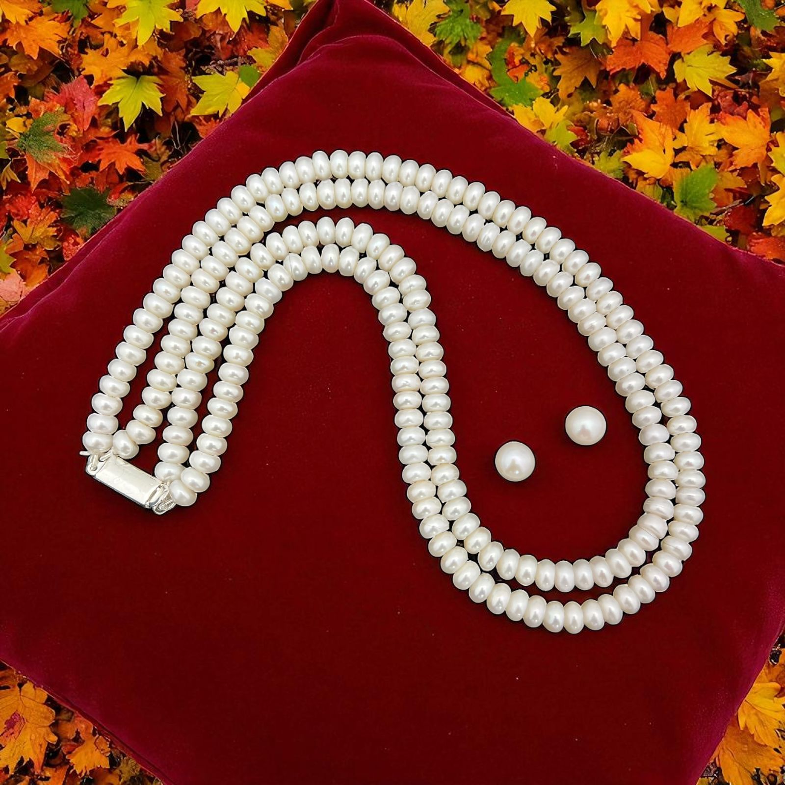 Premium Double-Strand Pearl Necklace and Earrings Set