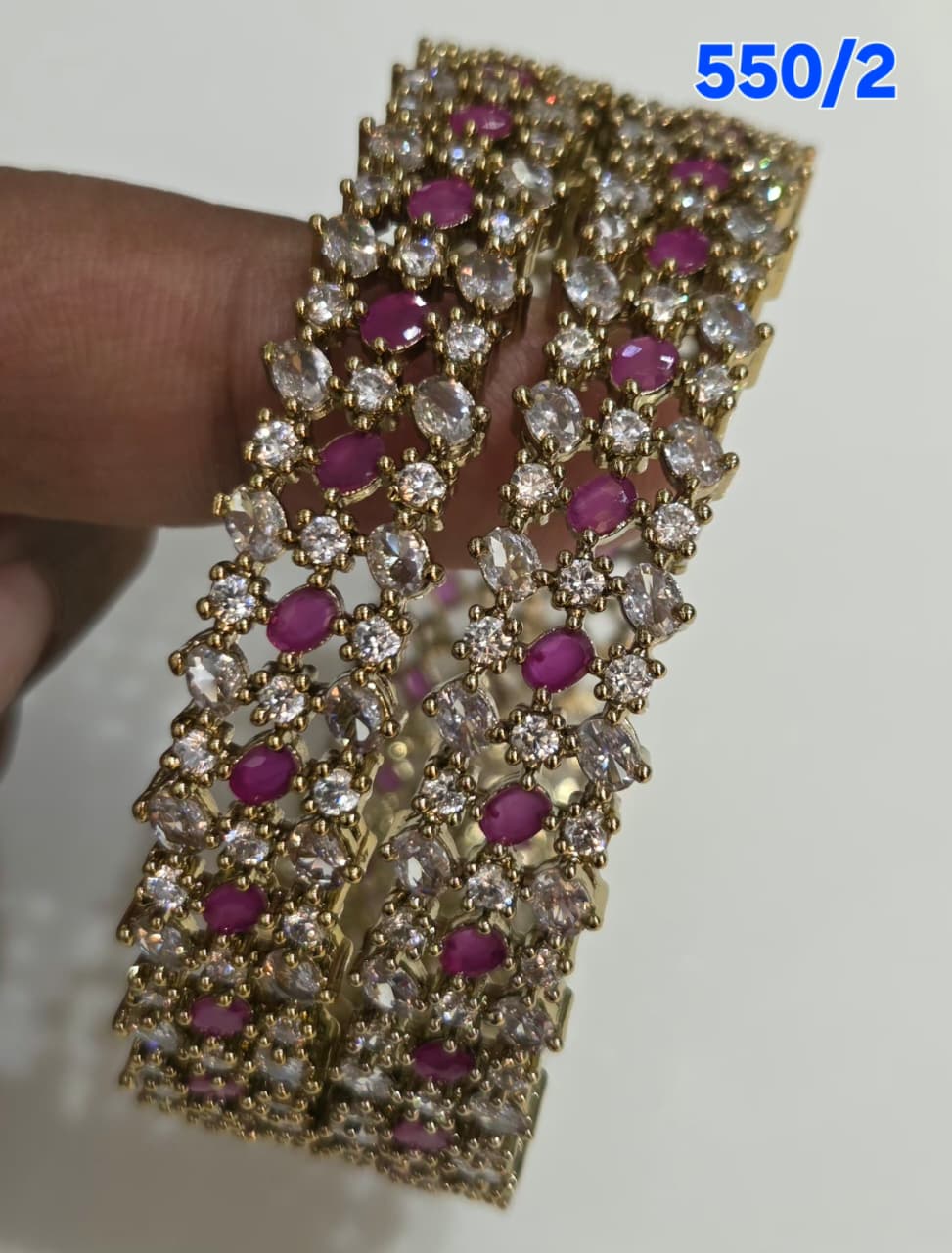 Golden AD Bangles Set with Ruby Pink Stones - 2 Pieces - 550/2