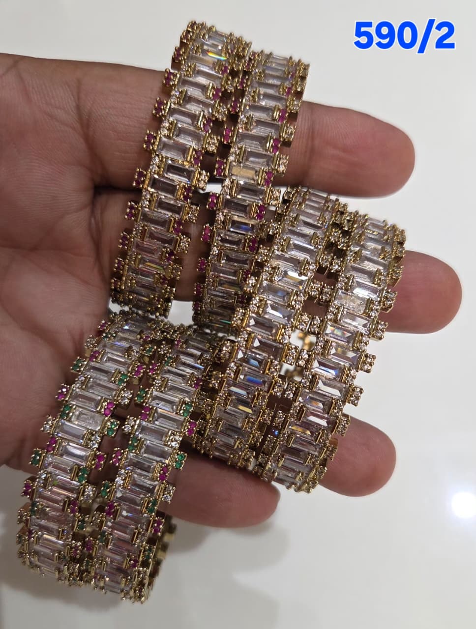 Golden AD Bangles Set with Baguette Stones - 2 Pieces - 590/2