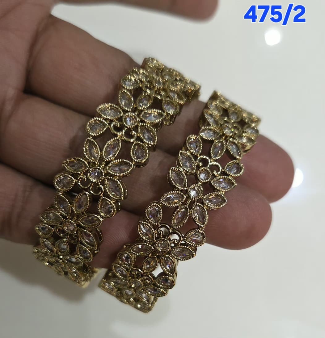 Golden AD Bangles Set with Floral Design - 2 Pieces - 475/2