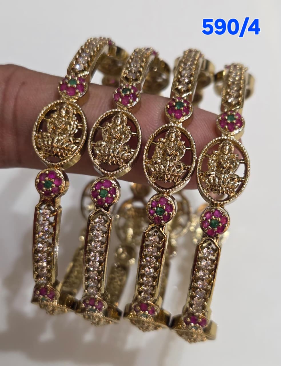 Golden AD Bangles Set with Multi-Color Stones & Peacock Design - 4 Pieces - 590/4