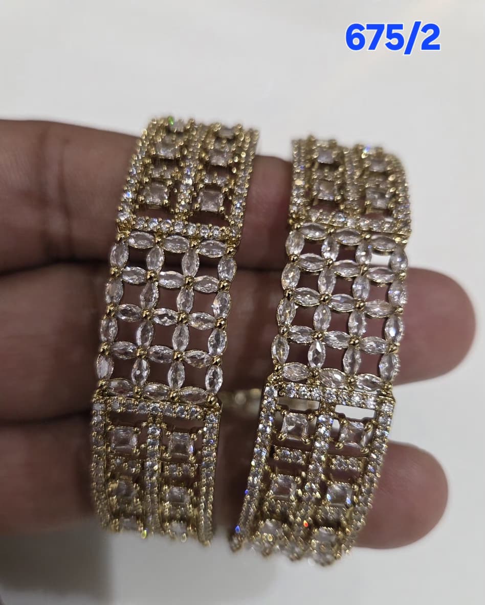 Golden AD Bangles Set with Marquise Stones & Fringe - 2 Pieces - 675/2