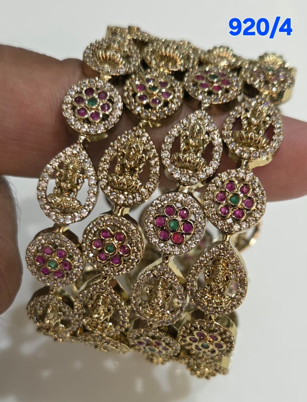 Golden AD Bangles Set with Ruby & Emerald Medallion Design - 4 Pieces - 920/4