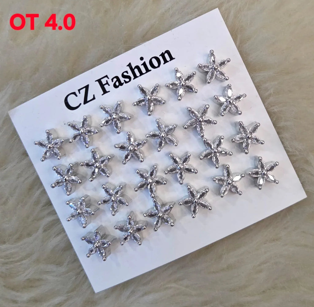 CZ Flower Stud Earrings Set - 12 Pairs