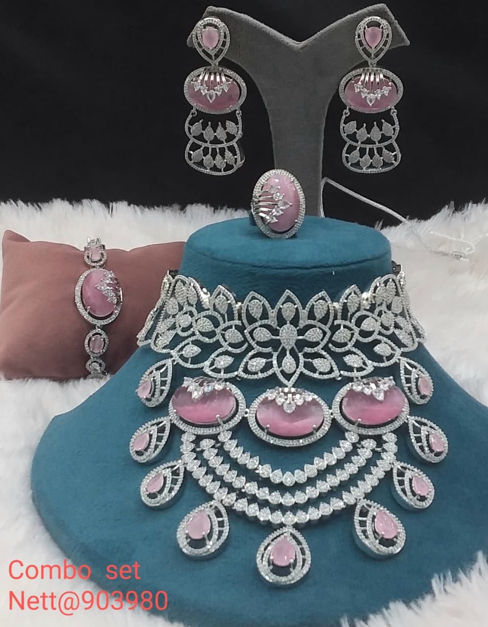 AD Combo Set - Necklace, Earrings, Bracelet & Ring - Nett@903980 (Multiple Colors)