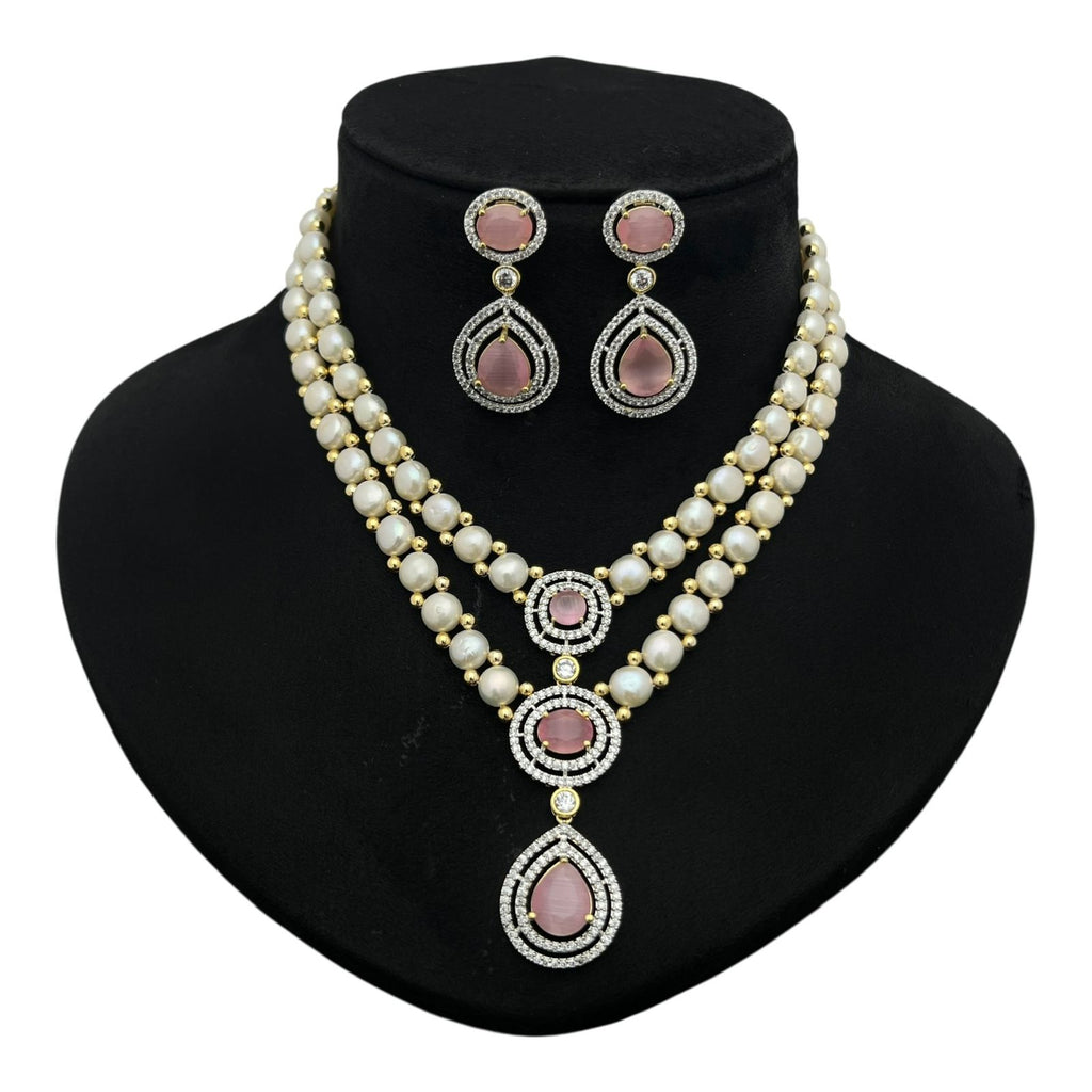 Pearl and Gemstone Crystal Halo Cascade Necklace Set