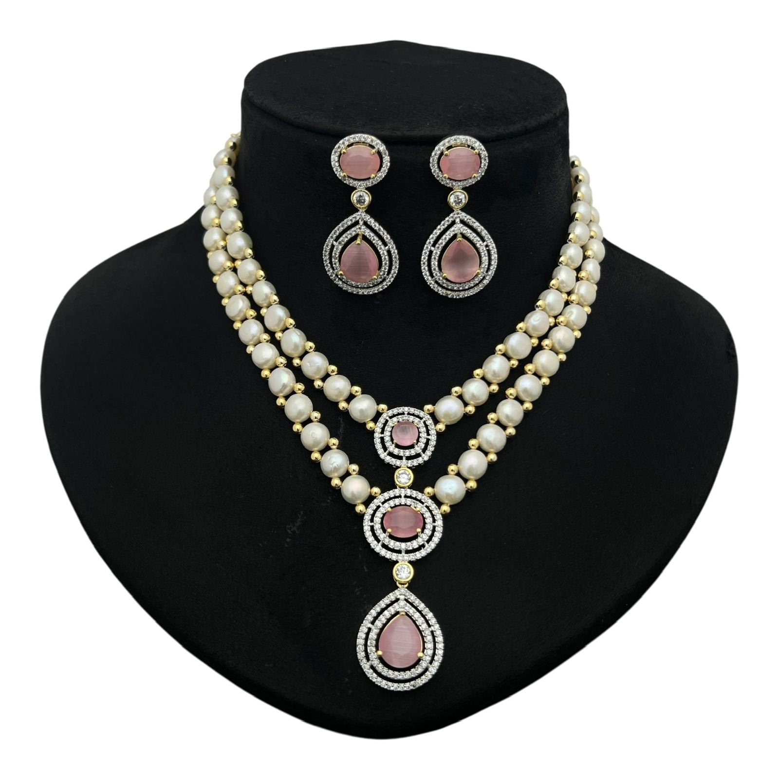 Pearl and Gemstone Crystal Halo Cascade Necklace Set