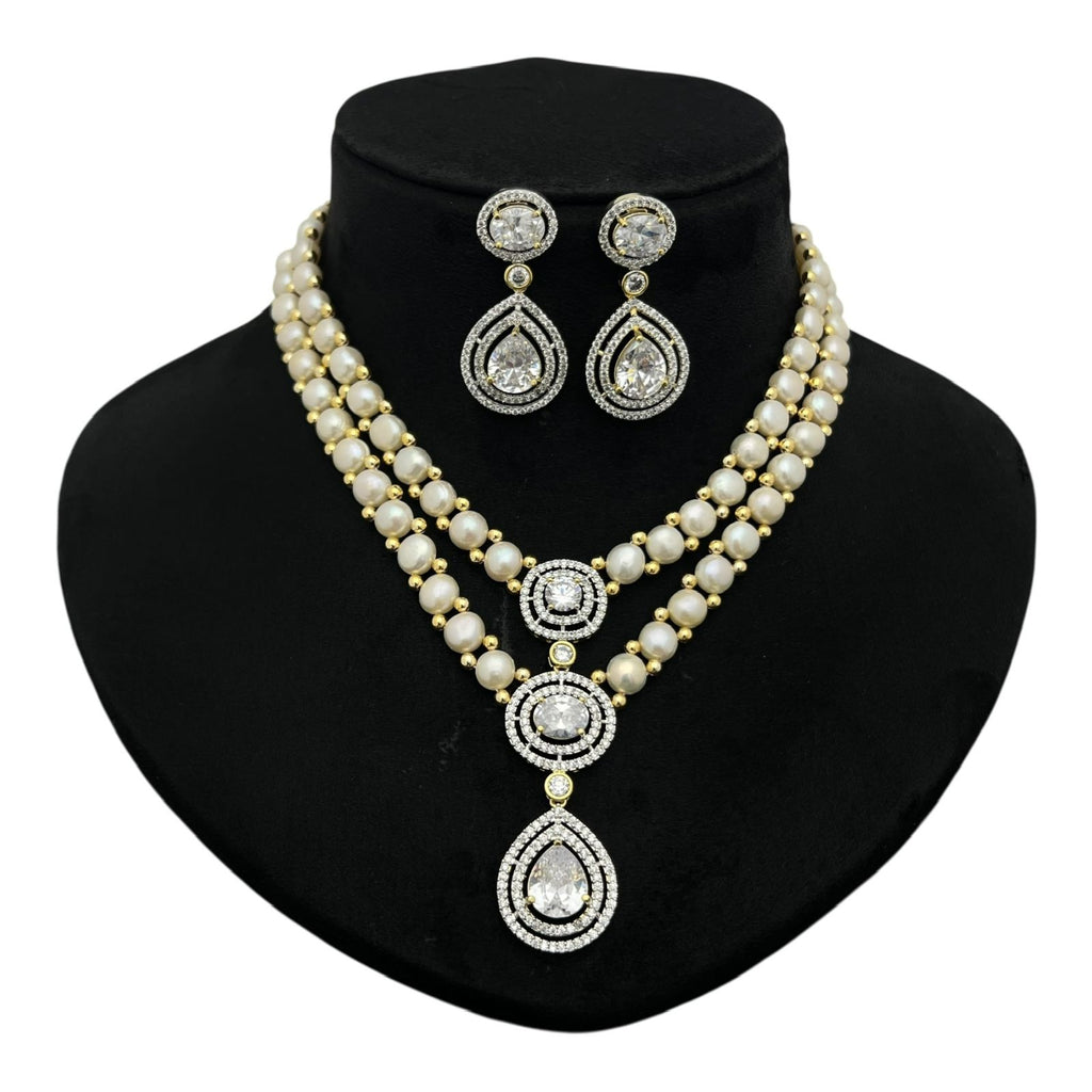 Pearl and Gemstone Crystal Halo Cascade Necklace Set