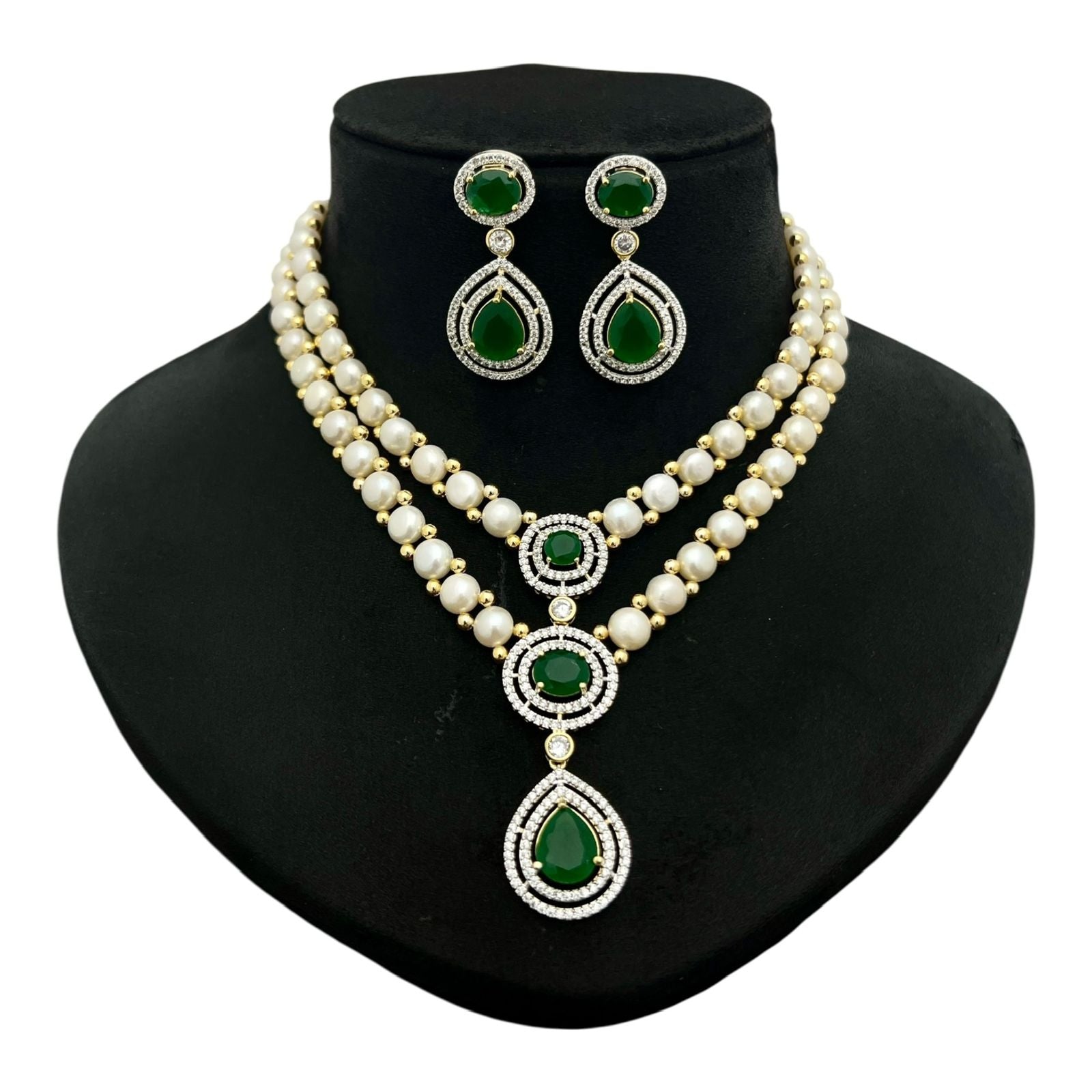 Pearl and Gemstone Crystal Halo Cascade Necklace Set