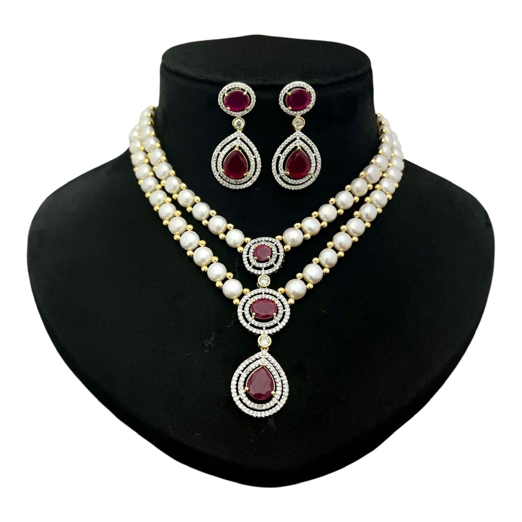 Pearl and Gemstone Crystal Halo Cascade Necklace Set