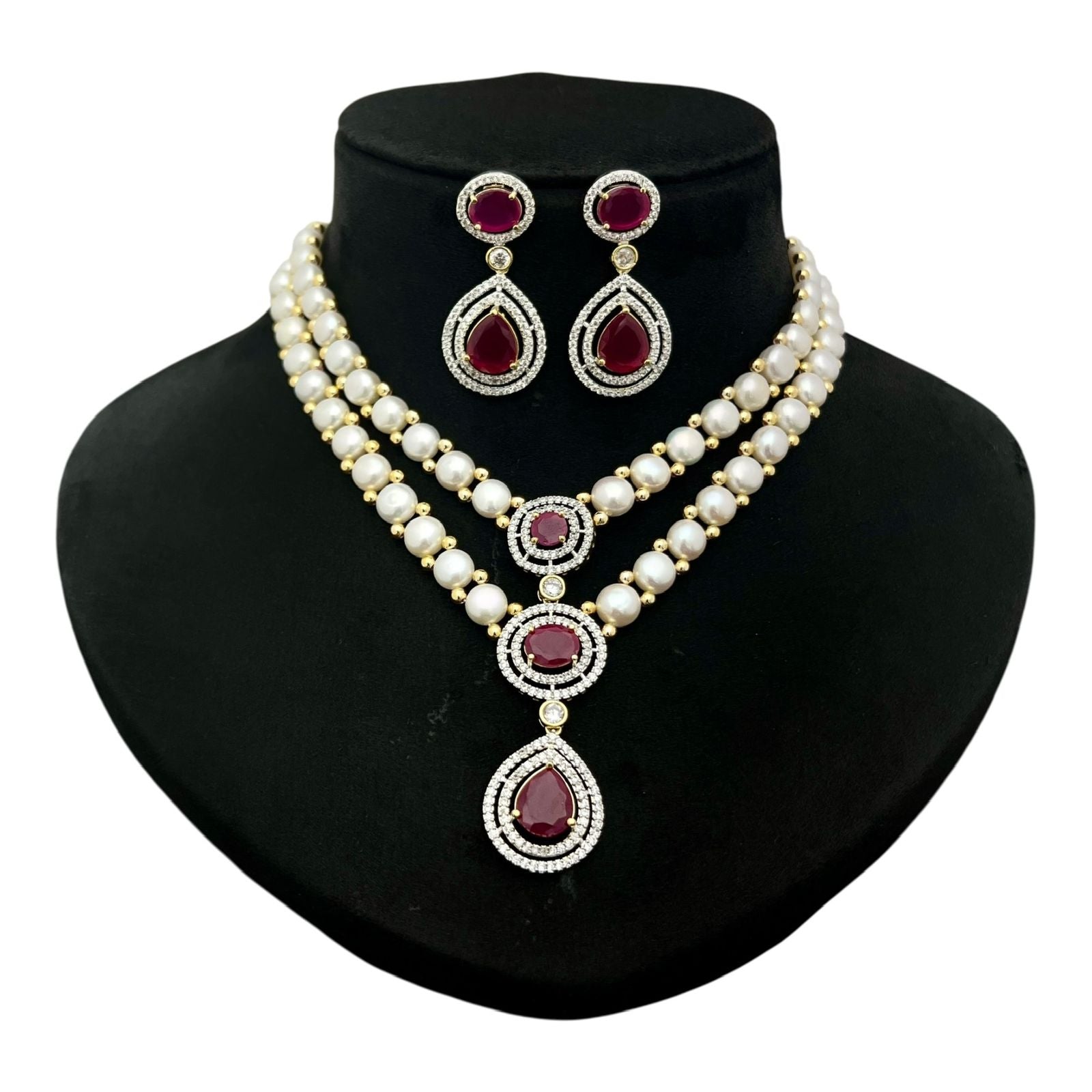 Pearl and Gemstone Crystal Halo Cascade Necklace Set