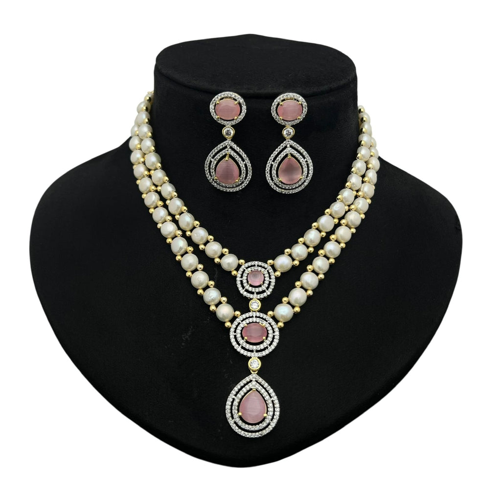 Pearl and Gemstone Crystal Halo Cascade Necklace Set
