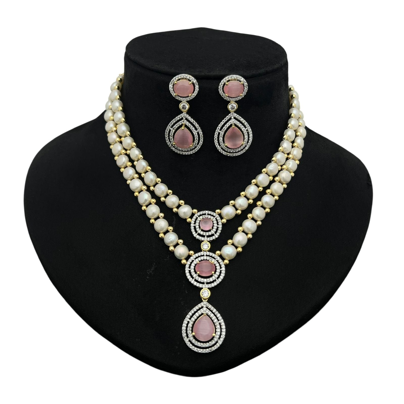 Pearl and Gemstone Crystal Halo Cascade Necklace Set