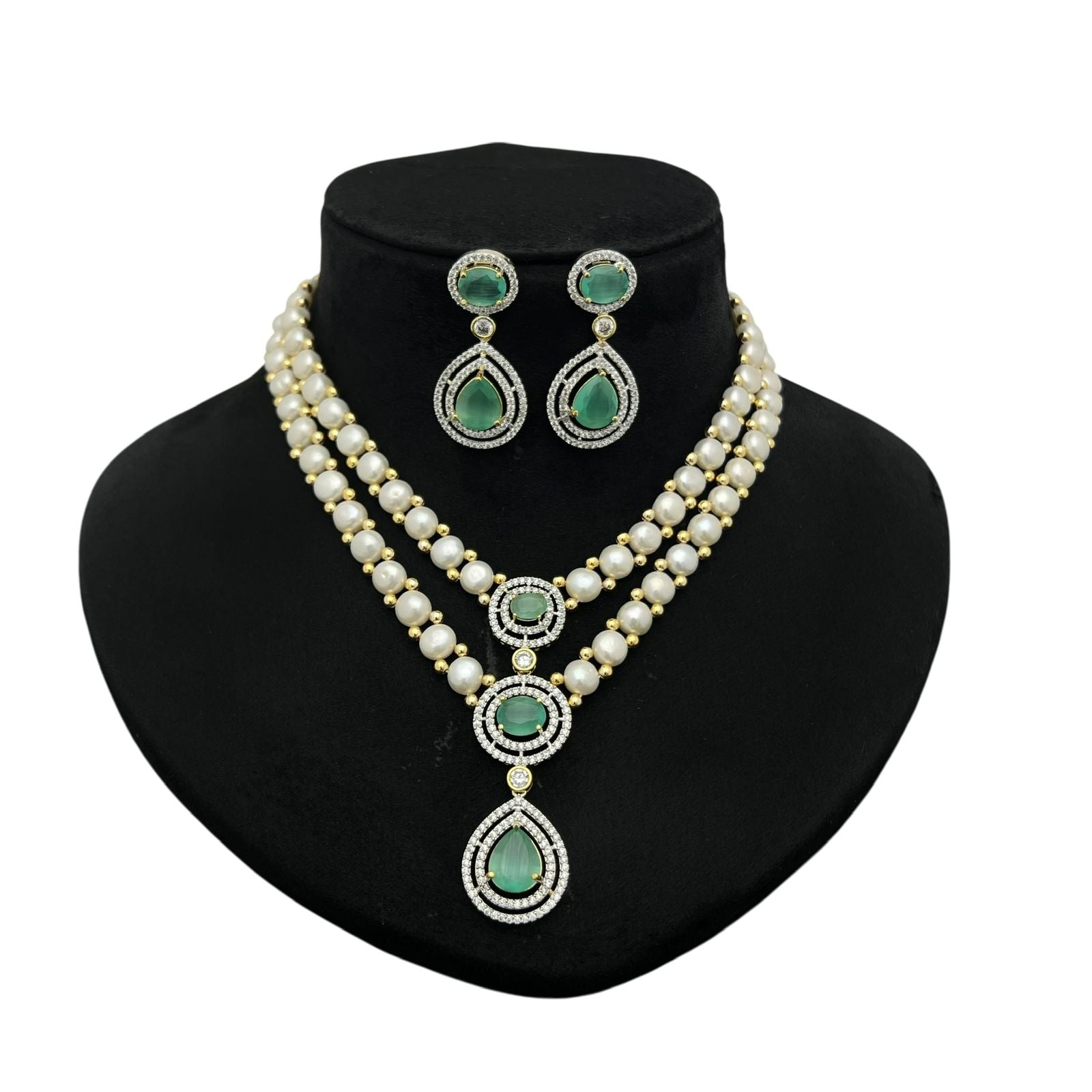 Pearl and Gemstone Crystal Halo Cascade Necklace Set